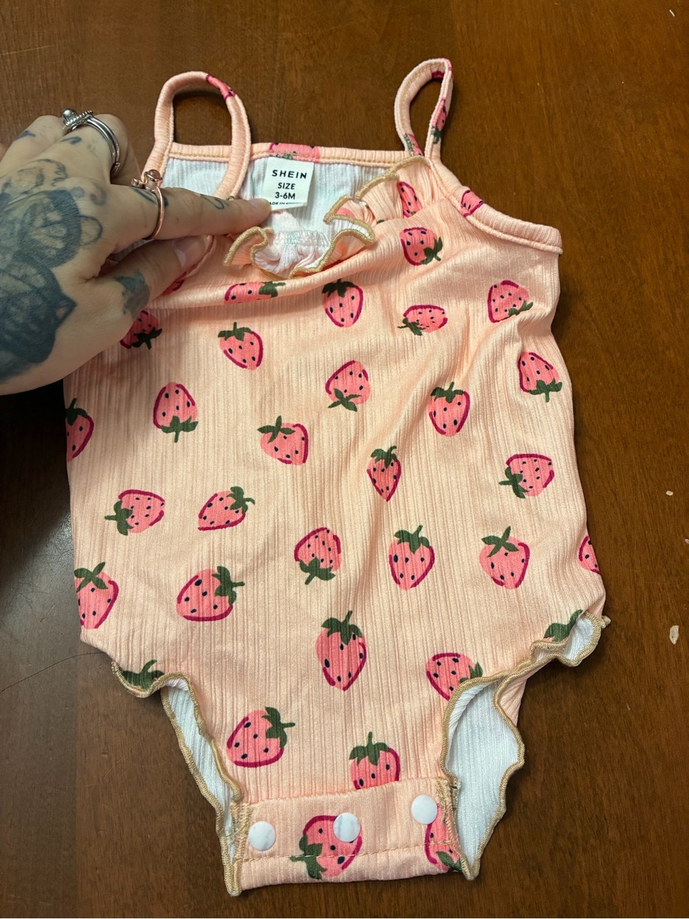 SHEIN Peach Strawberry Print Baby Romper